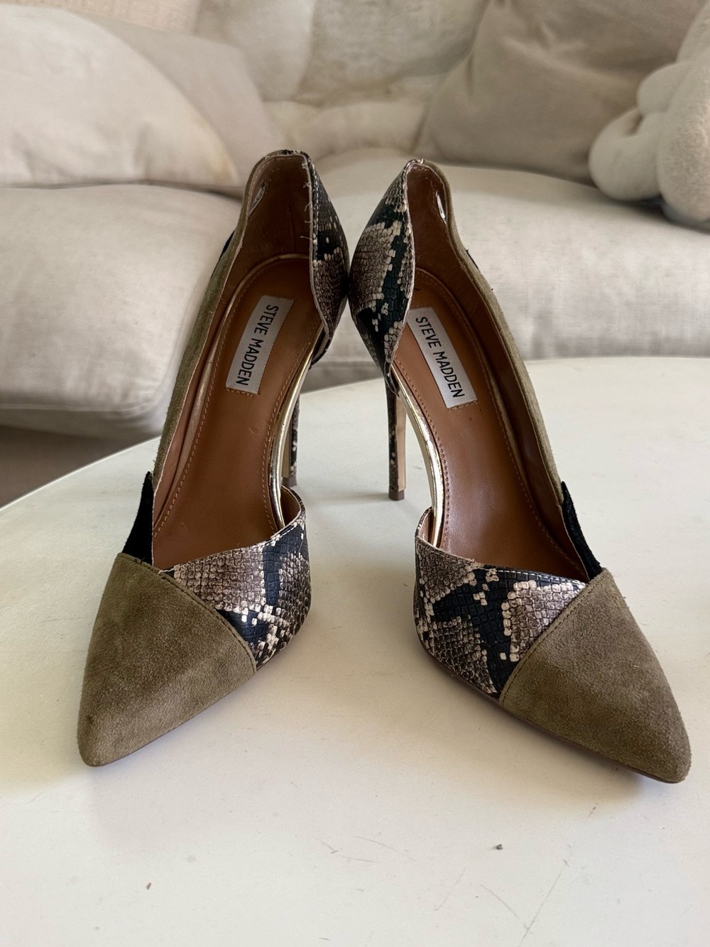 Steve Madden Olive Suede & Snakeskin Pointed Toe Stiletto Heels